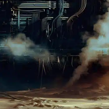 A futuristic city with smoke coming out of it.