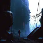 A man walks through a futuristic city characterized by binary order.