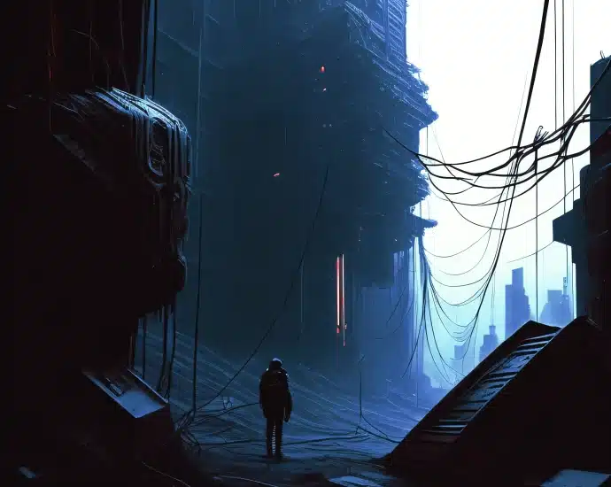 A man walks through a futuristic city characterized by binary order.