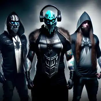 A Dynamic group of Aggrotech enthusiasts with beards and masks standing in front of a dark background.