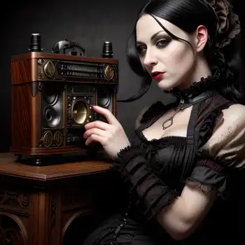 A woman in a gothic dress poses with a radio while signing a music agreement form.