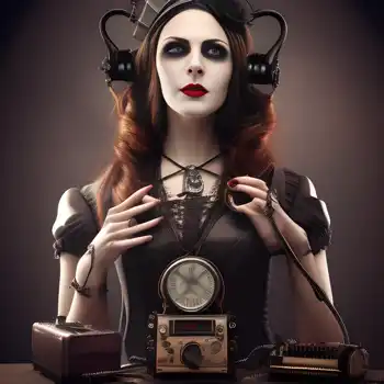 A woman in a steampunk outfit tuned into her radio while wearing headphones.