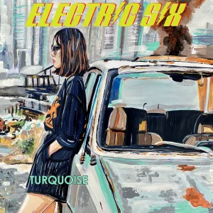 A woman is standing next to a car with the words electric six on it.