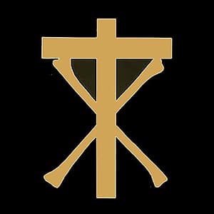 A gold cross on a black background.