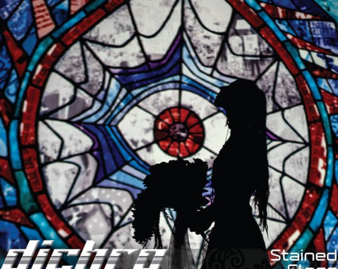 Silhouette of a person holding a bouquet against a stained glass window with intricate designs. Text reads “dichro” and “Stained Glass” in the bottom corners.