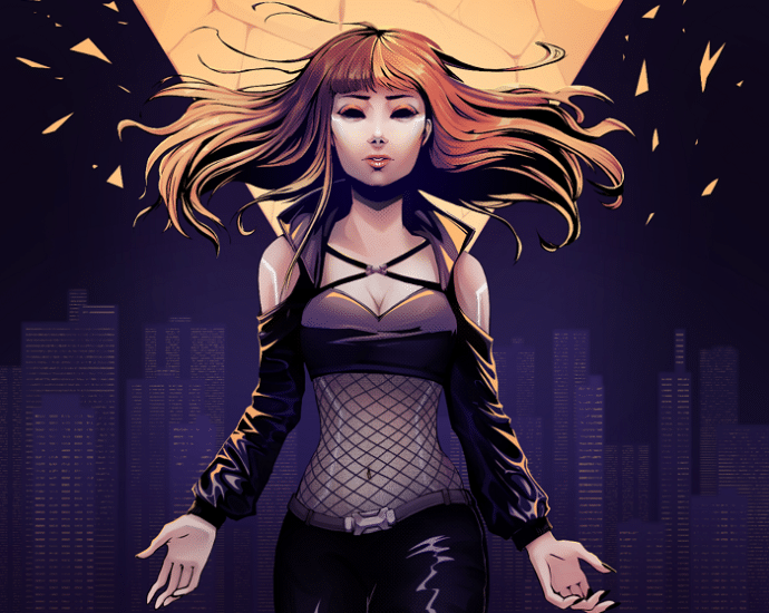 A woman with long hair stands in front of a silhouette of a city skyline, illuminated by an abstract yellow light pattern in the background. She wears a mesh top, black pants, and an open jacket.