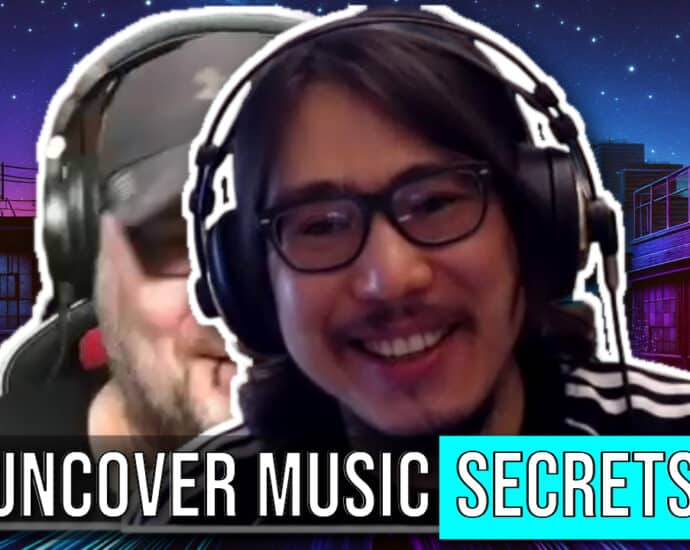 Two people wearing headphones, one in glasses, smiling, with the text "UNCOVER MUSIC SECRETS" at the bottom. A nighttime cityscape is in the background, reminiscent of the Nebulae Complex.