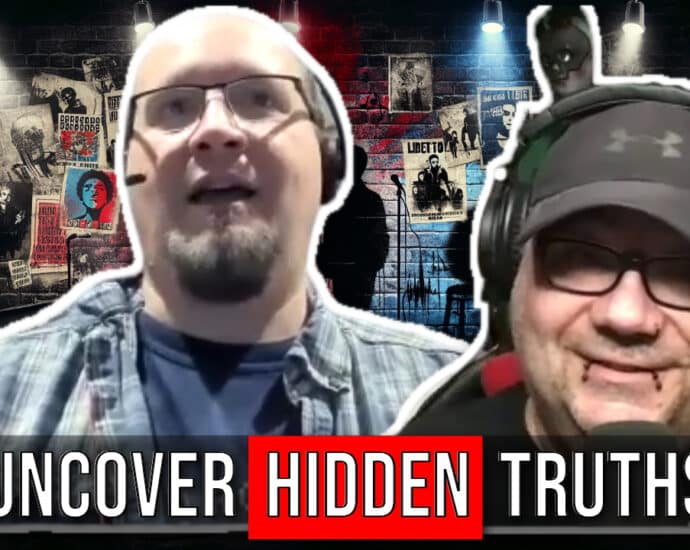 Two men with headsets are speaking in front of a collage-covered brick wall with spotlights. The caption reads "Uncover Hidden Truths" as if Peter Jennings himself were conducting the interview.