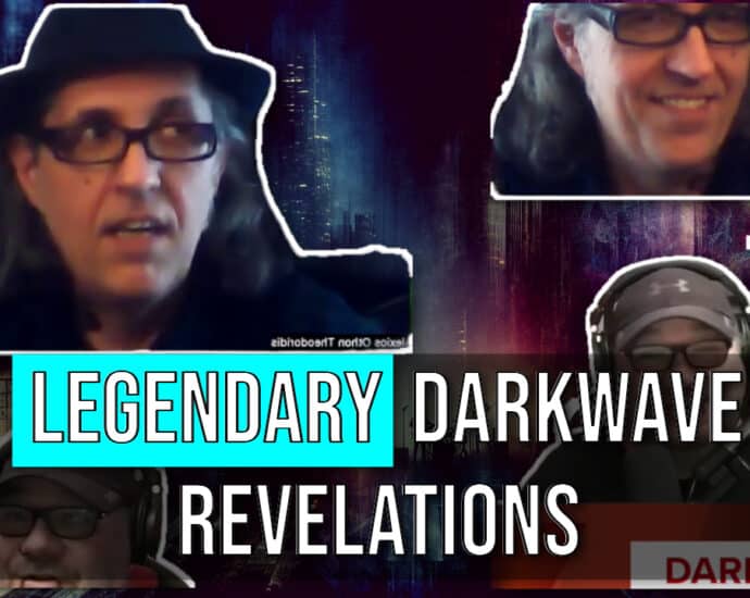 Four images of a man in a hat and glasses are overlaid on a dark, city-themed background. The text reads: "LEGENDARY DARKWAVE REVELATIONS." Exclusive Interview inside.