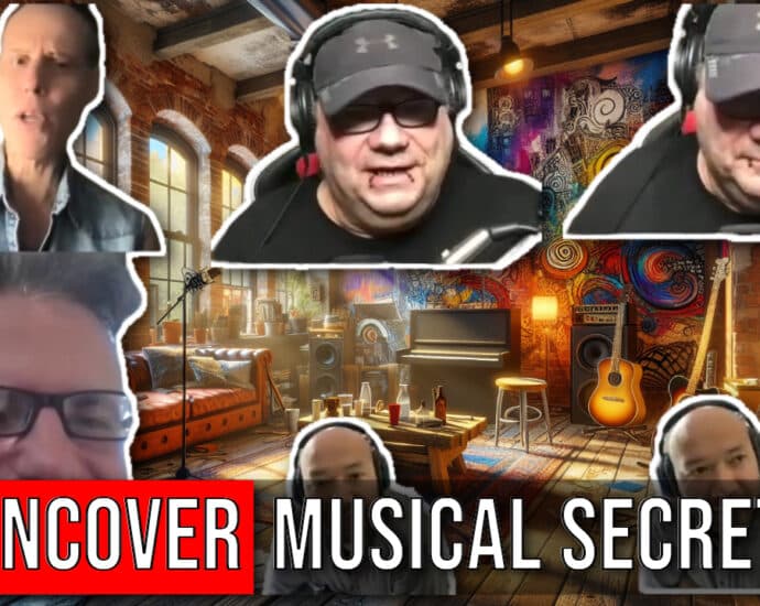 Collage of several individuals, including members of the Sons of Venus, in a music-themed room with the text "UNCOVER MUSICAL SECRETS" at the bottom. The room features musical instruments, colorful wall art, and an interview setup.