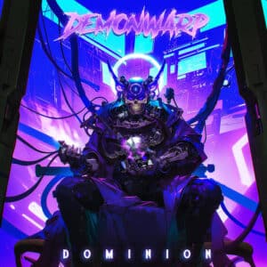 Futuristic character in robotic Elementor armor with glowing purple eyes sits amidst neon lights. The text "Demonwarp" and "Dominion" are displayed above and below the figure.