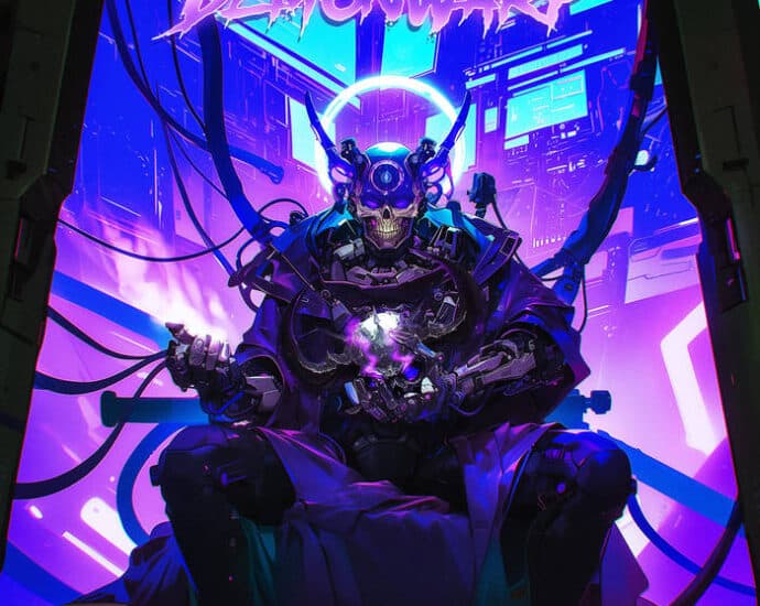 Futuristic character in robotic Elementor armor with glowing purple eyes sits amidst neon lights. The text "Demonwarp" and "Dominion" are displayed above and below the figure.