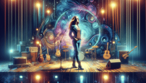 A woman stands on a stage surrounded by various musical instruments and equipment, backed by a vibrant cosmic-themed backdrop.