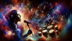 A silhouette of a singer with colorful swirling patterns and floating musical notes surrounding drum-like instruments.