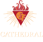 The logo features a red triangle with "CF" initials, a flame design on top, and radiant lines extending outward. Beneath it, the words "Cathedral In Flames" are prominently displayed, capturing a sense of energy akin to an interview spotlight.