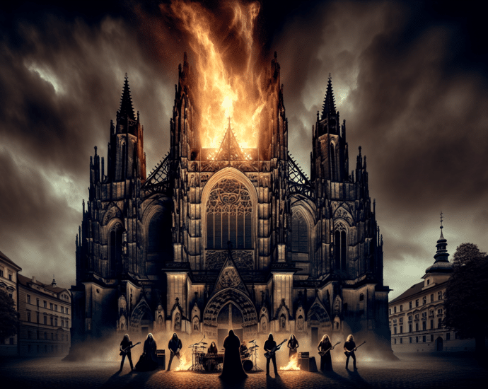 A dramatic scene of a Gothic-style cathedral with flames erupting from the spires, set against a stormy sky. Silhouetted figures stand in front of the entrance.