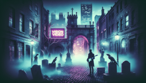 A person with a guitar stands in a foggy, cobblestone alley surrounded by buildings, gravestones, statues, and crows. A neon sign reads "Vision Video" against a dark, eerie backdrop.