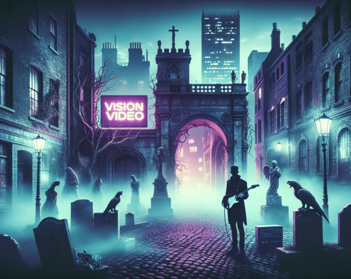 A person with a guitar stands in a foggy, cobblestone alley surrounded by buildings, gravestones, statues, and crows. A neon sign reads "Vision Video" against a dark, eerie backdrop.