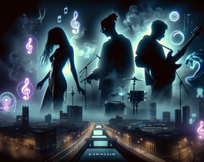 Silhouettes of three musicians performing against a neon glowing cityscape backdrop with musical notes and instruments, labeled "Birmingham.