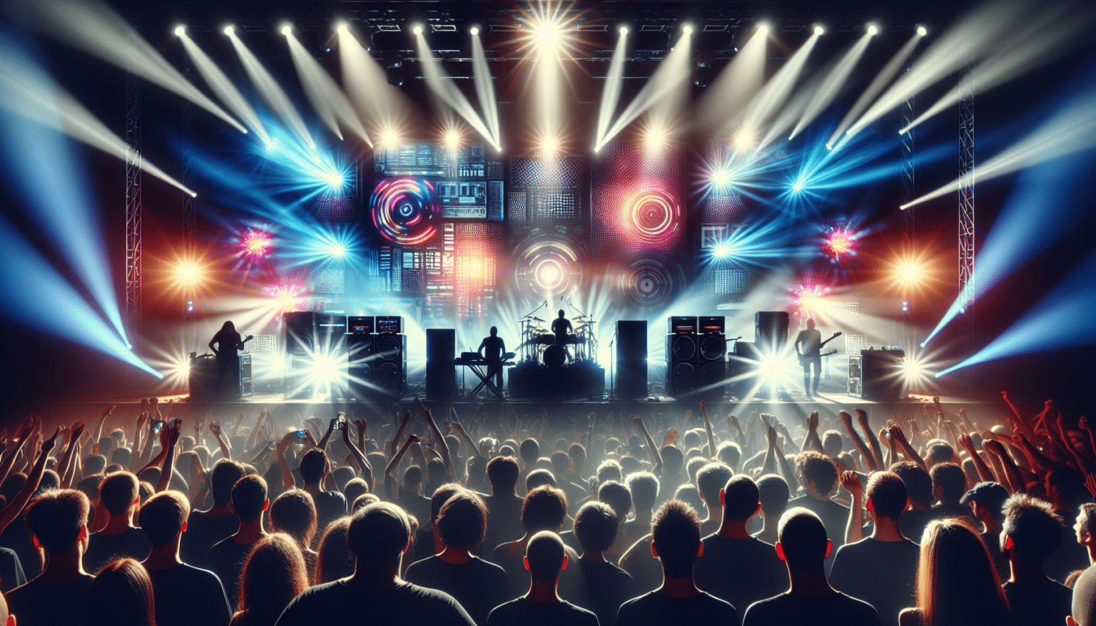 A crowded concert with vibrant stage lights and a band performing, featuring illuminated screens and an enthusiastic audience.